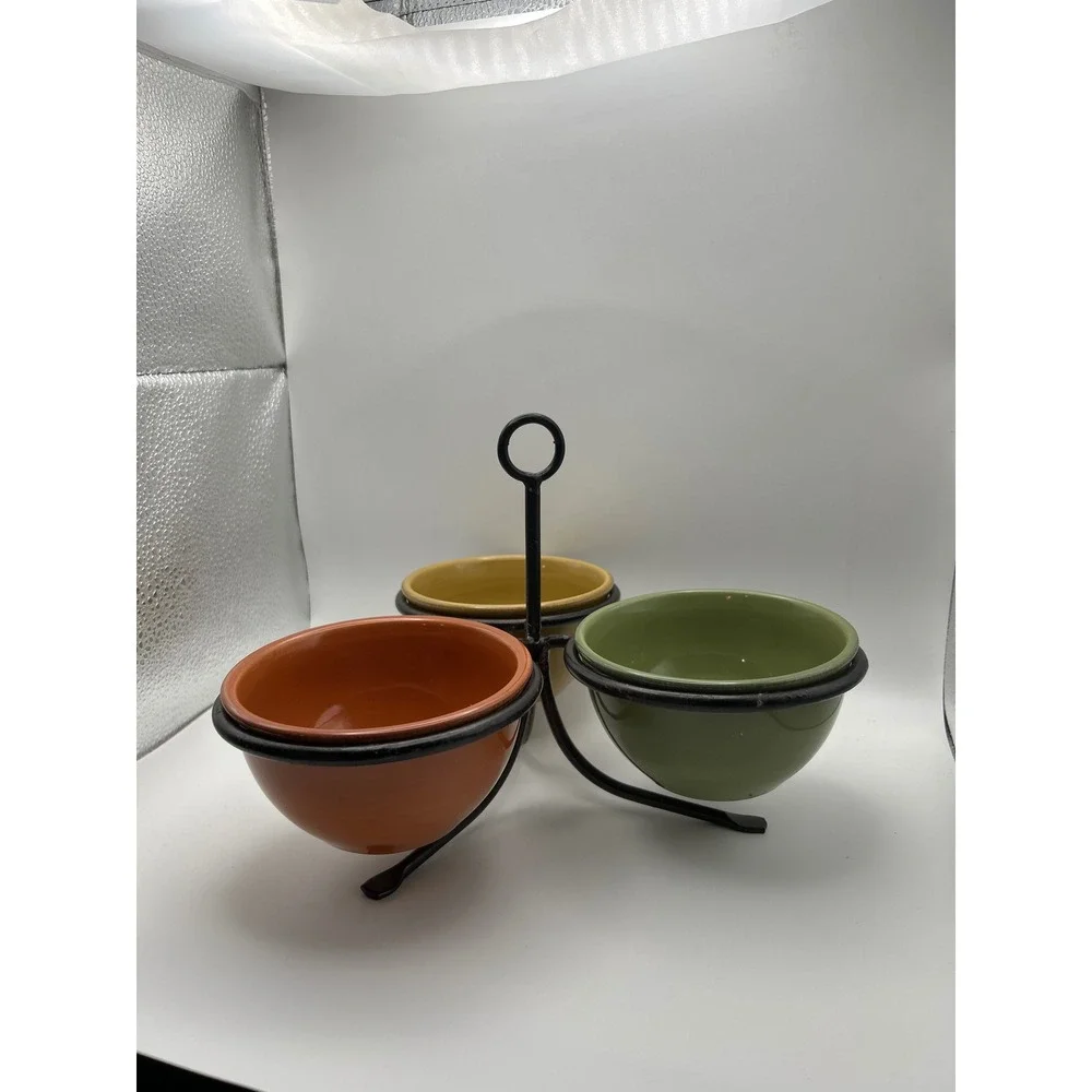 Tag Ceramic Dipping Bowl Set Metal Caddy Green Orange Yellow 3 Piece Set 7.25